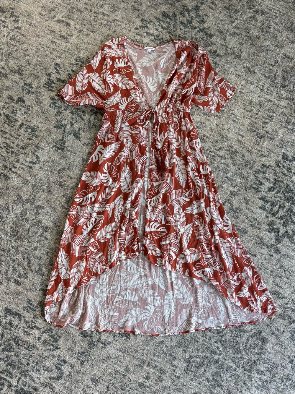 mittoshop Rust and White Leaf-Print Wrap High-Low Dress